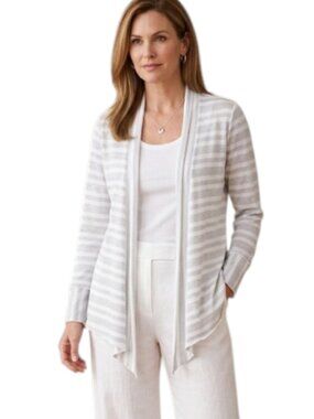 Conrad C  Petite White Silver Metallic Striped Open Cardigan M